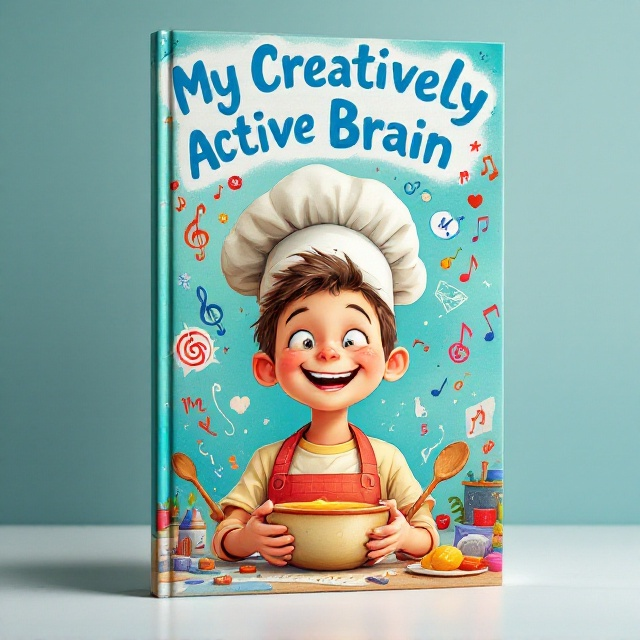 A vibrant and colorful illustration of a young boy with exaggerated, joyful expressions, surrounded by whimsical elements such as swirling colors, musical notes, and sketches. He is wearing a chef's hat, holding a mixing bowl in one hand with a wooden spoon in the other. The background is a soft gradient of bright colors representing the imaginative and limitless boundaries of a creative mind.