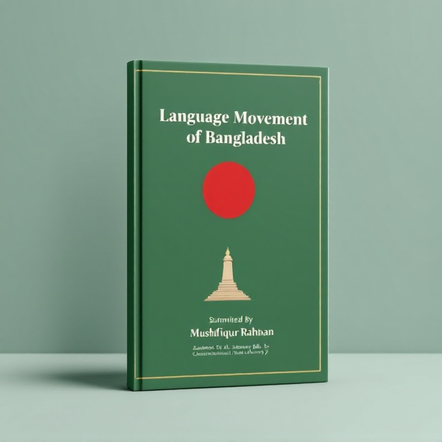 A minimalist green background symbolizing the Bangladeshi flag, with a subtle red circle placed towards the center to draw attention. A small icon of a monument symbolic of the Language Movement is placed under the title to represent the historical significance. A thin, elegant border frames the cover for a polished and professional look.