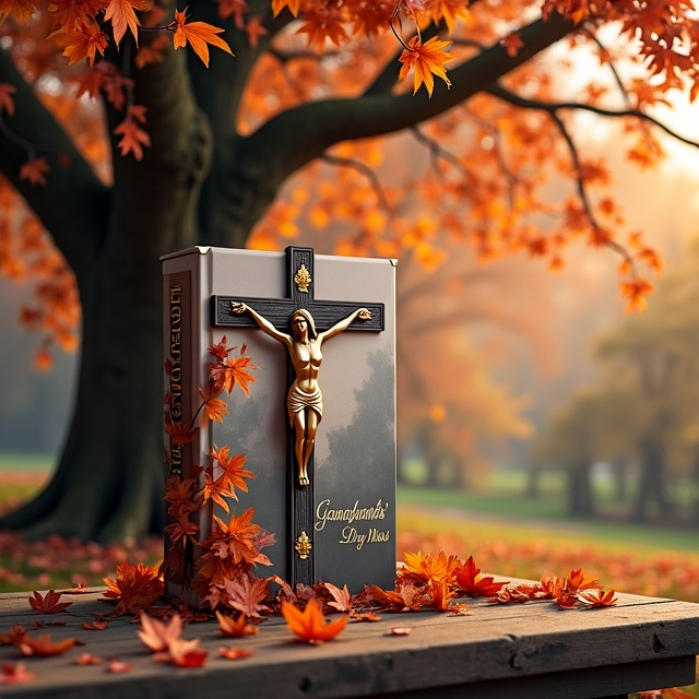 The cover features a large, graceful crucifix in the foreground, partially veiled by a cascade of autumnal leaves in rich oranges, reds, and browns. Behind the crucifix stands an ancient and strong tree, its branches reaching out and adorned with colorful autumn leaves. The background is a muted, warm gradient reminiscent of a serene autumn morning.