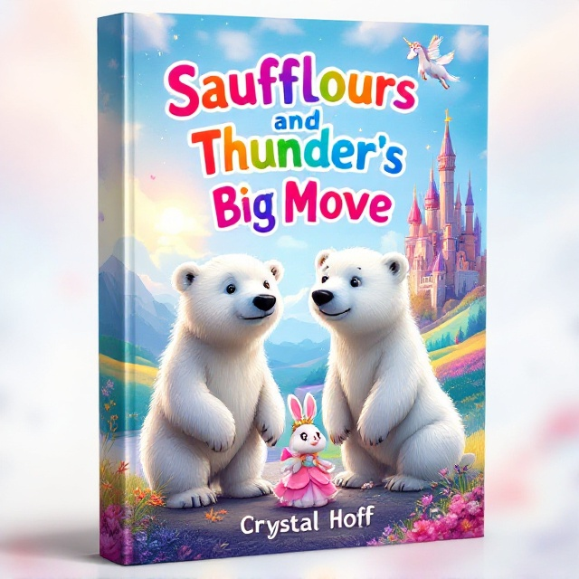The cover art features two endearing, slightly worn-looking polar bear cubs on a vivid, fantastical landscape. In the background, a majestic castle perches on a hill beneath a dazzling sky filled with a unicorn flying through fluffy clouds. In the foreground, a charming bunny stands on its hind legs beside a fairy-tale-like princess, identifiable as Paisly, adorned in a flowing pastel gown and tiara. The palette is vibrant and colorful, embodying the whimsical essence of adventure and friendship.