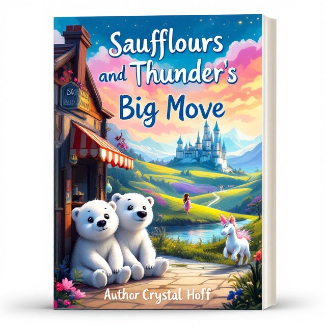The cover features an enchanting illustration of two adorable polar bear cubs, cozily snuggled in the corner of an old, weathered store. Their wide eyes exude a sense of wonder and anticipation. Behind them, a vibrant and magical landscape unfolds, with a magnificent castle perched atop a rolling hill. A shimmering unicorn prances joyfully in the background, while a friendly bunny hops nearby. Princess Paisly, elegantly dressed, smiles warmly in the distance, watching over the scene. The sky is a kaleidoscope of colors, blending into a lively and adventurous atmosphere.