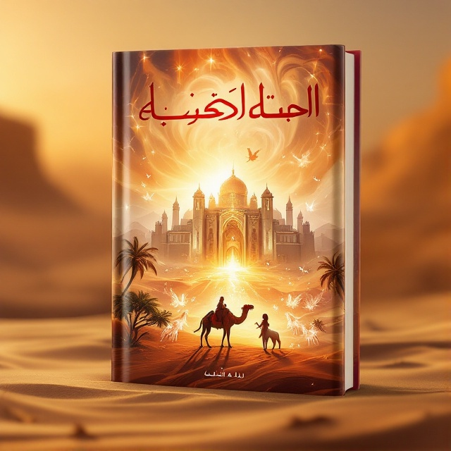The cover features a luminous scene with ethereal fairies fluttering around a majestic camel, in front of a grand castle emerging from a misty desert landscape. Light, translucently ethereal horses and an elegant elephant are subtly visible in the backdrop, set amidst swirling sands and a radiant sunset. The scene is bathed in warm red and yellow hues, suggesting a magical, timeless aura.