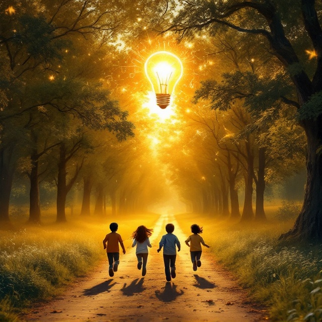 A serene landscape with a tree-lined path illuminated by a golden sunrise. Children of diverse backgrounds run joyfully towards the horizon, symbolizing the journey of learning. Above them, a light bulb glows brightly surrounded by ethereal, swirling wisps of light, representing the flash of insight and knowledge.
