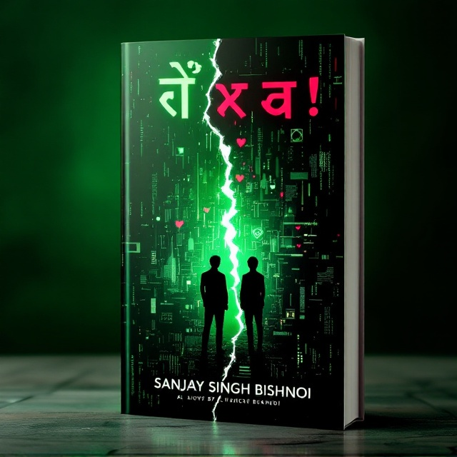 The cover features a striking contrast between two digital worlds—a vibrant, high-tech cityscape on the left symbolizing the kings of the computer world, and a fragmented, shadowy digital matrix on the right indicating deceit and love failure. In the center, two silhouetted figures representing the friends stand back-to-back, separated by a crack that runs vertically, highlighting betrayal. Subtle icons of love, like a heart broken into binary codes, are interspersed within the matrix. The background blends various shades of green, evoking the mystery genre and technological depth.