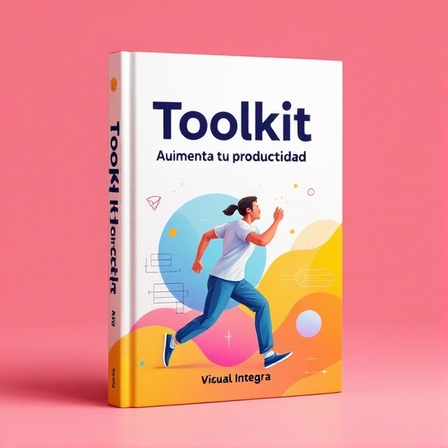 A dynamic portrayal of a person in motion, symbolizing productivity, is placed prominently. The background is a subtle gradient of bright colors, suggesting energy and focus. Geometric shapes and lines are integrated to create a sense of movement and efficiency.