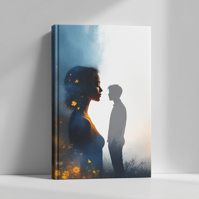 A juxtaposition of two figures. The female character is vibrant and colorful, standing confidently on the left side, full of warmth, surrounded by elements like sunshine or flowers to signify life and emotion. Adjacent to her, the male character is depicted as a grey, shadowy, and fading silhouette, representing distance and unrequited love. Their faces are obscured, enhancing the mystery and emotional distance. The background transitions from bright to dark to emphasize contrasting emotions.