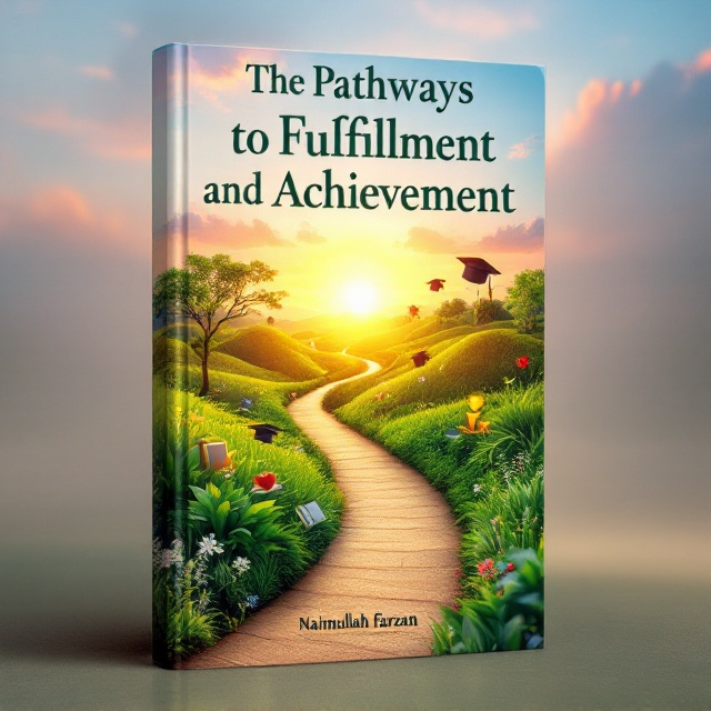 A serene sunrise over a winding path leading through a lush green landscape. Along the path, small symbols of success (like books, graduation caps, a heart, and a trophy) are subtly integrated into the foliage, blending naturally with the scene. The sky transitions from warm pinks and oranges to a cheerful blue, suggesting hope and new beginnings.