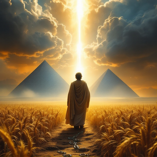 Joseph stands in an ancient Egyptian landscape with pyramids subtly in the distance. He holds a cloak in his left hand, while his right arm reaches toward a radiant light that bursts through dramatic clouds. In the foreground, ghostly images of chains and a pit blend into golden wheat fields, all set against a backdrop of deep gold with soft blue accents. A faint outline of a prison cell dissolves into light, accentuating the theme of liberation through divine guidance.