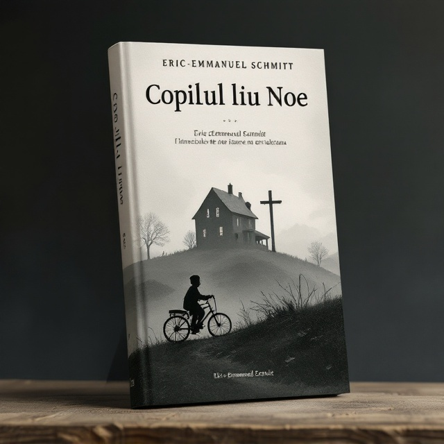 The cover features a somber, grey-toned illustration of a house perched atop a hill, symbolizing the provincial French setting. In the foreground, a silhouette of a child can be seen riding a vintage bicycle, accompanied by a gentle, yet resolute priest holding a cross. The elements converge in a visually striking manner, hinting at the themes of love and sacrifice.