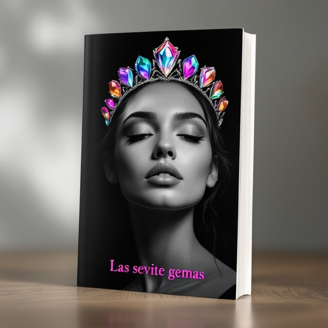 The cover features a striking, realistic illustration that displays the upper half of a woman's face in black and white. Her expression is serene yet contemplative, enhancing the personal growth theme. Adorning her head is a delicate crown with seven prominently colored gems—diamonds, emeralds, and rubies—that glow in vibrant hues. The bright gems contrast against the monochrome backdrop, symbolizing transformation and elegance. The elegant title "Las siete gemas" is in fuchsia, drawing attention alongside the radiant jewels.