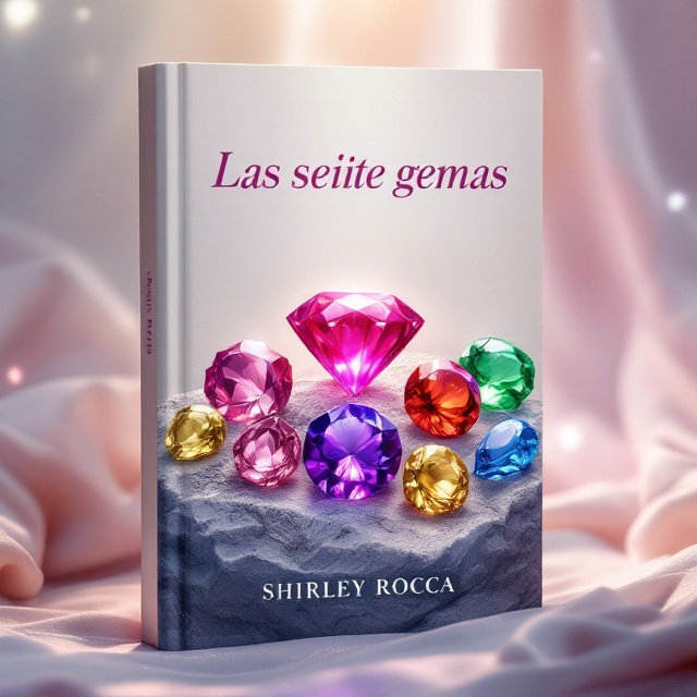 A luxurious setting with seven distinct gems—diamond, emerald, and ruby—taking the spotlight. These gems are depicted in a realistic illustration, partially embedded in a textured rock, symbolizing their transformative process. The gems glisten with brilliance under an ethereal light that shines from the top, casting radiant reflections across a clean white background with a hint of fuchsia. There's ample space at the top for the title and at the bottom for the author's name.