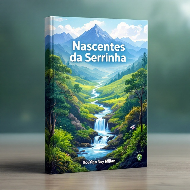 The cover features a vibrant illustration of a mountain range in the backdrop, transitioning into an energetic depiction of a spring feeding into a meandering river. The foreground shows a lush riparian forest, blending seamlessly with the unique flora of the cerrado biome. The color palette is rich and diverse, aiming to evoke a sense of enthusiasm and admiration for nature's wonders.