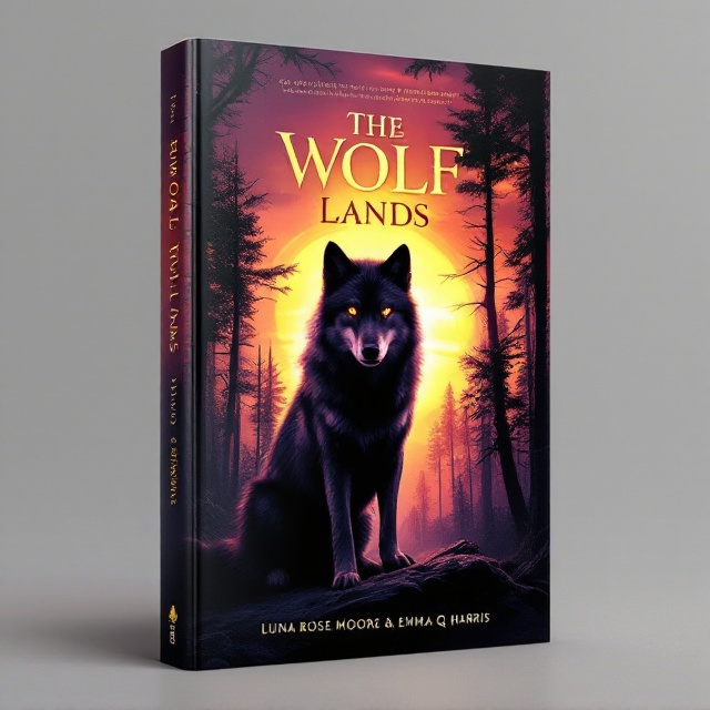A lone wolf is silhouetted against a vibrant sunset, its body turned slightly to face the towering, shadowy trees that fringe the scene. The sky is ablaze with a gradient of rich oranges and soft purples, suggesting mystery and intrigue. The wolf's eyes glint with intelligence, drawing the reader in.