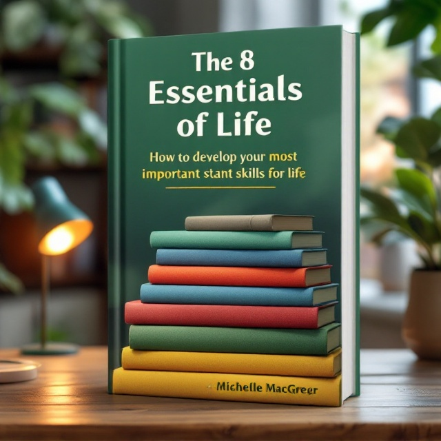 A stack of books on a wooden desk set against a blurred backdrop of a cozy study room. The book covers in the stack are various shades of green, blue, red, and yellow, symbolizing growth, vitality, and learning. On the desk, there is a softly glowing lamp casting a warm light, suggesting focus and introspection. In the background, shadows of leafy plants cast a gentle overlay, suggesting harmony with nature and personal growth.