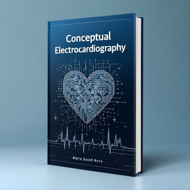 A large, stylized heart made out of interlocking circuit board patterns occupies the central focus. Around the heart are subtle waveforms akin to ECG lines, suggesting movement and rhythm. The background fades from deep blue at the top to a lighter shade at the bottom, signifying calm and tranquility. The seamless integration of human anatomy and technological elements highlights the book's essence.