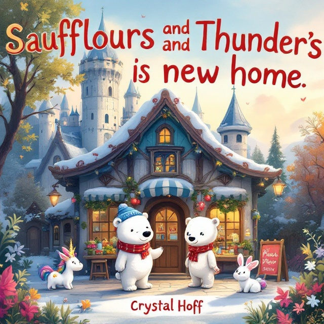 Saufflour, the polar bear cub, wearing a red scarf, and Thunder, her younger brother with a blue beanie hat, stand in front of an enchanted old store with tall castle towers peeking over the background. A shimmering unicorn and a playful bunny are placed near them with a sparkling, dreamy quality. Princess Paisly stands beside the store with a warm, welcoming smile. The scene is vibrant and colorful, reflecting the spirit of adventure and friendship.
