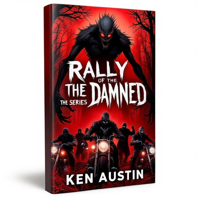The cover features a tense and eerie scene where a menacing Wendigo, with its gaunt, elongated limbs and hollow eyes, looms from the shadows of a dense forest backdrop. A skinwalker with shape-shifting features lurks ominously in the foreground, partially transformed with glowing eyes. Around them, several motorcycle riders, wearing dark leather with patches signifying a sinister allegiance, are silhouetted against the blood-red sky. The overall color palette uses varying shades of red and black to enhance the ominous atmosphere.