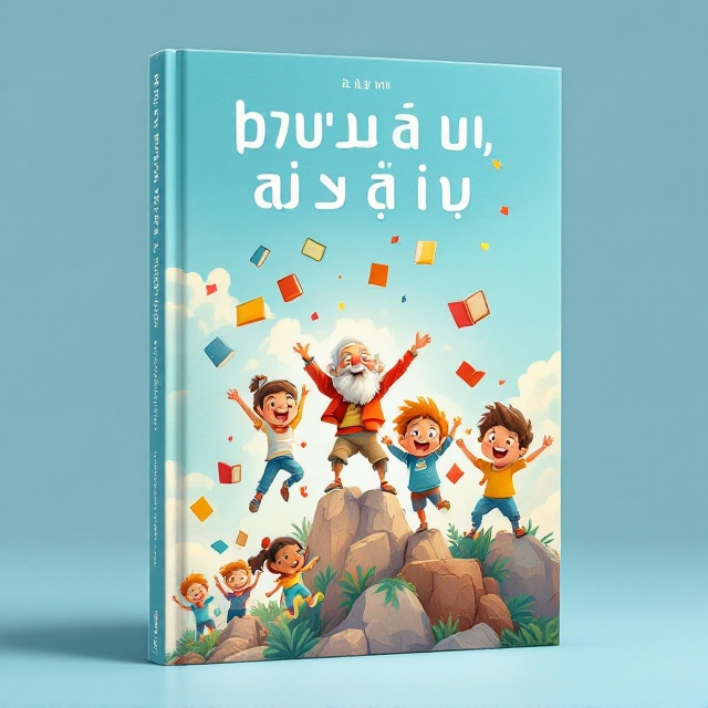 A serene, light blue sky forms the background of the cover, symbolizing hope and endless possibilities. In the foreground, a diverse group of children, animated in joyous expressions, are depicted overcoming a series of whimsical adventure-themed obstacles. They appear triumphant and determined, embodying the essence of resilience and teamwork. Among them, a wise old sage, with wisdom shining through his gentle smile, overlooks the scene, suggesting guidance and inspiration. Books float in the air around them, symbolizing the adventures and wisdom gained from stories.
