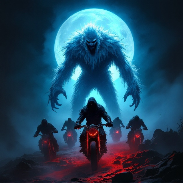 A haunting illustration of a towering Wendigo with ghostly white fur standing beside a sinister Skinwalker in the foreground, intertwined with a group of shadowy motorcycle riders weaving in and out of the shadows. The figures are immersed in a misty, dream-like atmosphere, against a backdrop of a soft blue gradient full moon that casts an eerie glow. The color palette of black, red, and white is used throughout to emphasize the horror genre's elements.