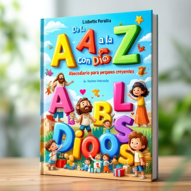 The cover features a vibrant and colorful illustration showcasing animated characters from the Bible, such as Noah, Moses, and David, each interacting with oversized letters of the alphabet. These whimsical letters are scattered across the cover, with an array of bright colors to capture a child's attention. The backdrop consists of a clear sky with soft clouds, providing a gentle and inviting atmosphere. In the foreground, children are depicted excitedly pointing at or playing around the biblical characters and letters.