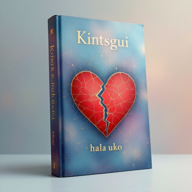 A red heart dominates the center of the cover, visibly broken into pieces that are artistically mended together with shimmering gold lines, inspired by the kintsugi pottery technique. The background is a soft gradient of blues and purples, evoking a serene and calming aura. A gentle, ethereal aura emanates from the heart, symbolizing inner peace found through healing.