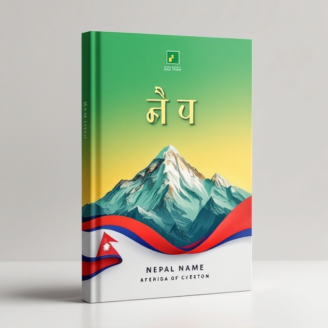 The cover features a smooth gradient background transitioning from green at the bottom to yellow in the middle, blending into white at the top. A diagonally placed square bar logo in the upper left adds a modern touch. Mount Everest's silhouette serves as a subtle separator and separates the title and author name plate. A ribbon colored in the hues of the Nepal flag elegantly curves across the lower half. Watermark images of a building add a layer of depth without overpowering the primary elements.