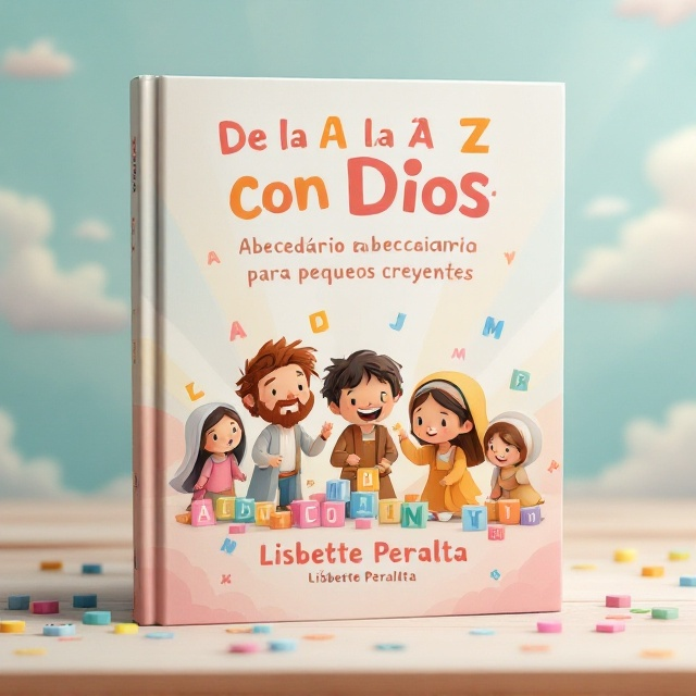 A whimsical illustration featuring a diverse group of three or four biblical characters like Noah, David, and Mary, with playful expressions, engaged in an exploration of letter blocks scattered around them. In the background, a soft, pastel-colored landscape with clouds and rays of light adds a dreamy atmosphere.