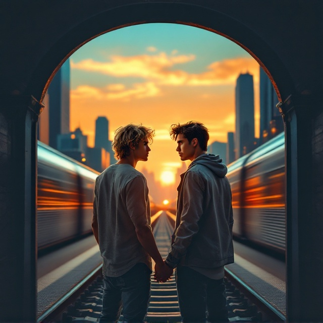 Two young men are depicted at the foreground, holding hands. The blond boy, embodying a surfer vibe with tousled hair and a casual, cool outfit, stands on one side. The grumpy dark-haired guy, wearing a more city-appropriate attire, stands beside him. Behind them, a Chicago subway train streaks through the scene, its motion suggested by blurred lines. In the sky above, a warm, orange sunset transitions smoothly into a soothing blue, casting a romantic and dreamy glow over the cityscape in the background.