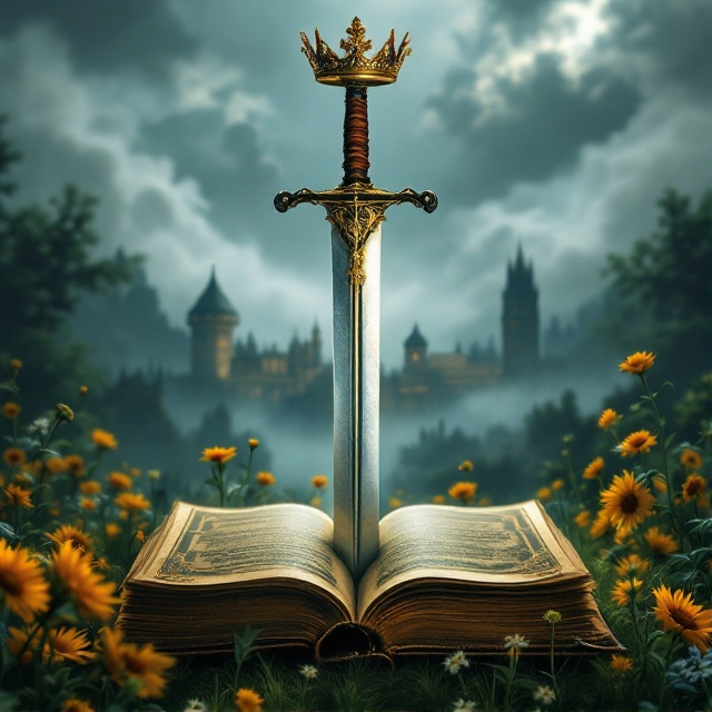 A sword piercing through an ornate old book, its grip wrapped in delicate sunflowers, creating a striking contrast. The backdrop features a misty, enigmatic view of Artellia kingdom, partially concealed by low-lying clouds and lush greenery, enhancing the fantasy aura. The crown hovering subtly above completes the regal and mysterious theme.