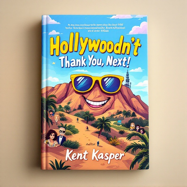 A vibrant, illustrated depiction of the iconic Hollywood Hills with a comical twist—large sunglasses and a smile added to the hillside. The background is a sunny, blue sky with exaggerated fluffy clouds, and a few famous Hollywood icons subtly caricatured in the foreground, all rendered in a cartoon style.