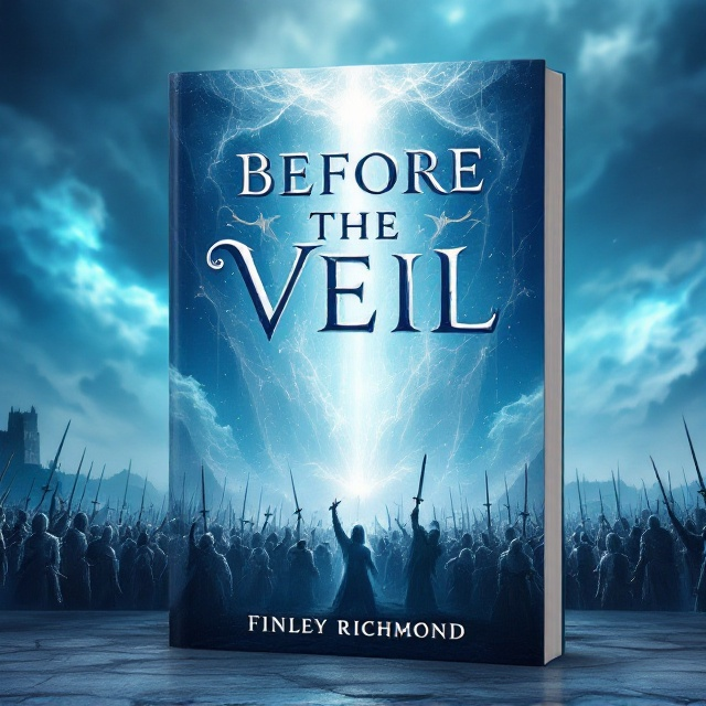 A vast, ethereal battlefield is depicted under an ominous sky, armies poised for confrontation. The foreground is a detailed illustration of soldiers with gleaming armor and raised swords. A mystical, translucent veil hangs above the scene, dividing the sky, with ethereal wisps blending into the atmosphere. The backdrop features a distant silhouette of a fortress, behind which an intense, deep blue hue saturates the horizon, ensuring a fantastical yet somber mood.