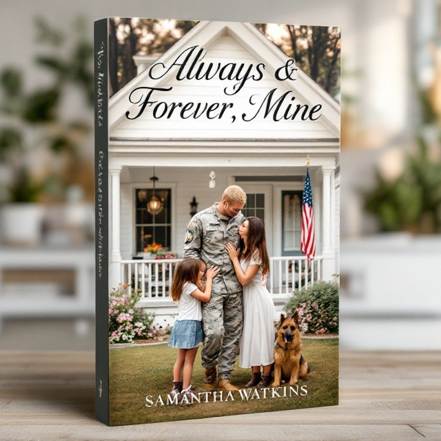 A picturesque scene featuring a white house with a small, well-maintained yard. In the foreground, a blonde man in an army uniform is embraced by a brunette woman in a T-shirt and boots. Flanking him are two toddler girls with brown hair eagerly hugging his legs. On the porch, an American flag waves gently in the breeze, accompanied by a vigilant German shepherd. The overall tone is warm and inviting, capturing a moment of reunion and familial love.