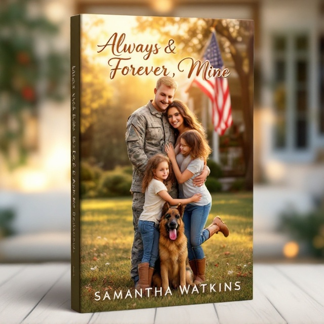 The cover features a heartwarming scene set in a sunlit big yard. In the forefront, a blonde-haired man in an army uniform stands proudly. A brunette woman wearing a T-shirt and boots affectionately hugs him from the side. Two adorable toddler girls with brown hair wrap their tiny arms around his legs. An American flag waves gently from the porch in the background, where a German shepherd sits, exuding loyalty and warmth. The overall color palette has warm hues of sunset, evoking feelings of love and homecoming.