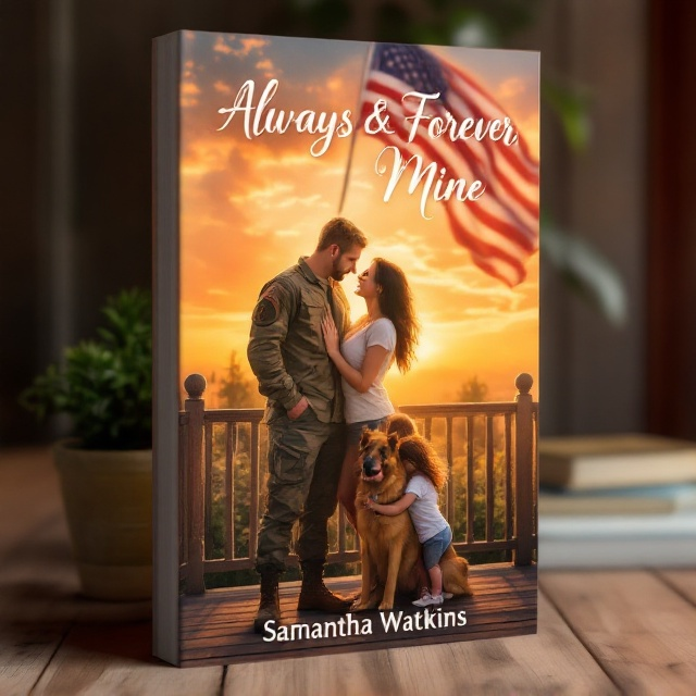 The cover features a warm, sunset backdrop, casting an orange and pink glow. In the foreground, a handsome blonde man in an army uniform stands close to a brunette woman, who is wearing a T-shirt and boots. They are on a welcoming porch, with a prominent American flag gently waving above them. Two adorable toddler girls with brown hair are hugging the couple lovingly. A German Shepherd sits loyally beside them on the porch.