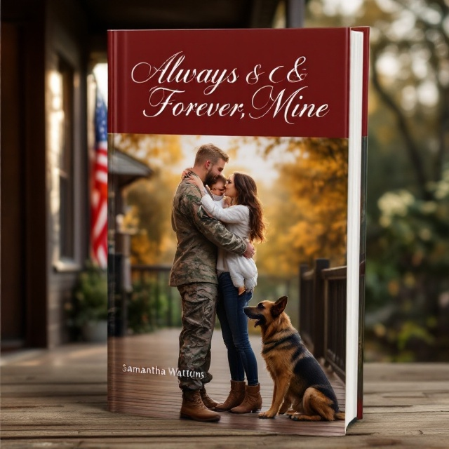 A serene and emotionally charged scene depicting a blonde-haired man in an army uniform being lovingly embraced by a brunette woman, both standing on a wooden porch. A brown-haired toddler clings to his leg, infusing the cover with warmth and familial tenderness. The backdrop features a softly waving American flag in one corner, suggesting pride and service. A loyal German shepherd sits attentively at the porch, enhancing the sense of home and protection. The scene takes place during the golden hour, casting a warm, romantic glow over the family.