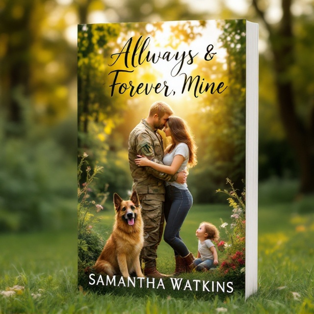 The cover features a serene countryside setting with a lush green yard as the backdrop. In the foreground, a blonde-haired man in an army uniform embraces a brunette woman in a casual T-shirt and boots, both radiating warmth and connection. Nearby, a playful German shepherd puppy and a joyful toddler exude innocence and happiness, completing the scene. A delicate sunbeam filters through the trees, adding a touch of golden hue to the atmosphere.