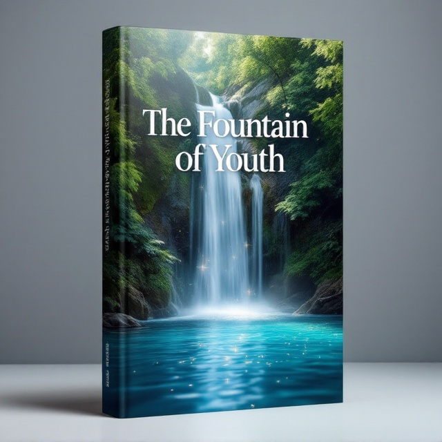 A serene and timeless scene featuring a crystal-clear waterfall cascading into a tranquil pool, surrounded by lush greenery. Light sparkles on the water’s surface, evoking a sense of tranquility and rejuvenation. A subtle, ethereal glow envelops the entire composition, suggesting the mythical and elusive nature of youth and vitality.