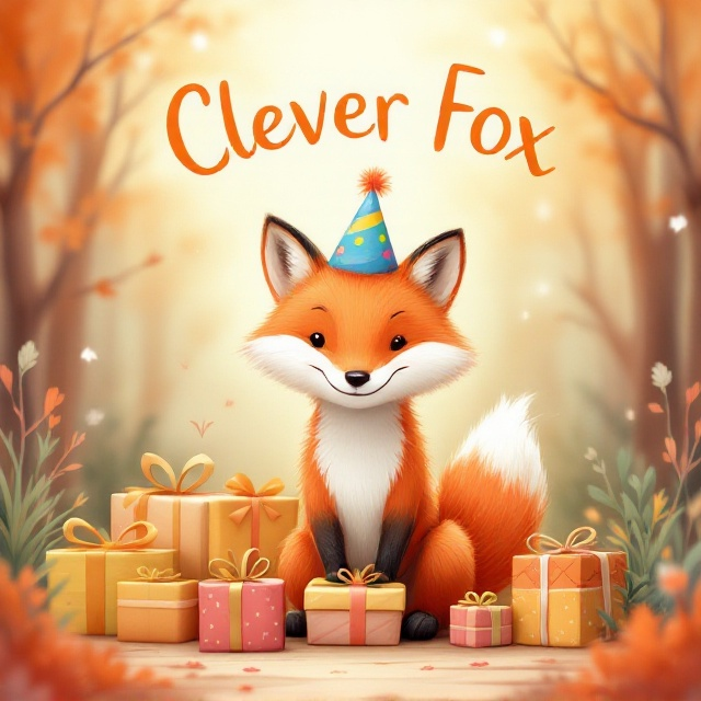 A joyful scene featuring a whimsical fox wearing a colorful party hat, surrounded by various brightly wrapped birthday presents. The backdrop is a charming pastel forest with soft oranges, greens, and browns, creating a warm and inviting atmosphere. The fox is playfully interacting with the presents, suggesting a sense of fun and curiosity, capturing the essence of a child's birthday adventure.