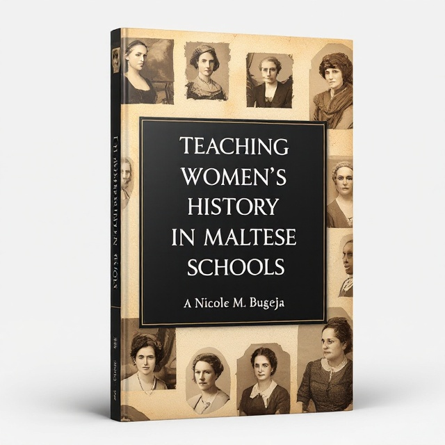 standing book mockup, Its title is "Teaching Women's History in Maltese Schools: A Teaching Pack". Its author name is Nicole M. Bugeja.  The cover design presents a historical tapestry, juxtaposing sepia-toned images of notable Maltese women in a collage format. The aged paper background enhances the vintage feel, and the photographs, resembling cutouts, are symmetrically placed at the top and bottom. The center features a bold rectangular title box with clear black and white text, framed by a subtle shadow to ensure readability and visual prominence. The title uses an uppercase, bold, sans-serif font that’s clear and authoritative, outlined in white against the black-bordered box for emphasis. The author’s name appears in a smaller, italicized, elegant serif font., The cover follows a structured layout with the top half and bottom half balancing each other through images of historical women. The title starkly divides these sections, creating a hierarchical flow.