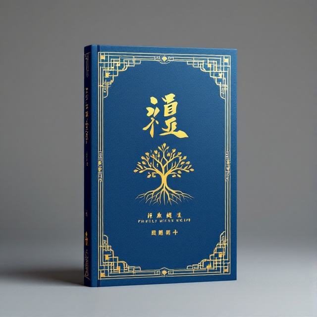 The cover features a traditional Chinese scroll as the background, set against a deep royal blue backdrop that symbolizes wisdom and knowledge. Intricate golden patterns, resembling ancient Chinese motifs, border the scroll. At the center, a stylized family emblem, interconnected with branches and roots, symbolizes heritage and unity.