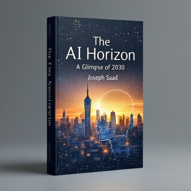 A futuristic cityscape silhouette forms the focal point against a gradiented sky transitioning from deep indigo at the bottom to a bright gold at the top, symbolizing the new dawn of AI. Overlaying the cityscape are circuit board patterns in silver that subtly blend into the city, merging technology with urban progress. In the foreground, there's a silhouette of a human face in profile, composed of glowing nodes and lines, hinting at the synergy between AI and human intelligence.