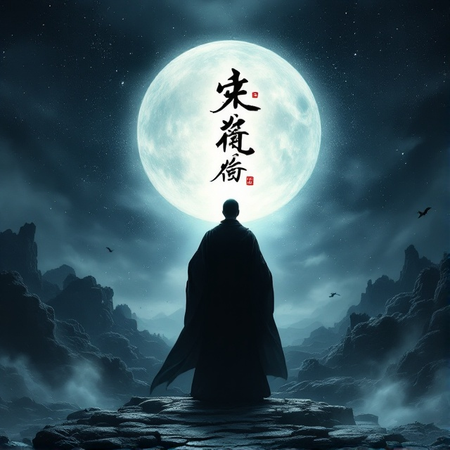 A solitary taoist priest stands with his back to the viewer, positioned in the center of the cover, his silhouette bathed in moonlight. Ethereal swirls and shadowy creatures linger at the edges, emphasizing a mystical aura. The backdrop showcases a blend of ancient Chinese landscapes with modern elements, creating a bridge between times.