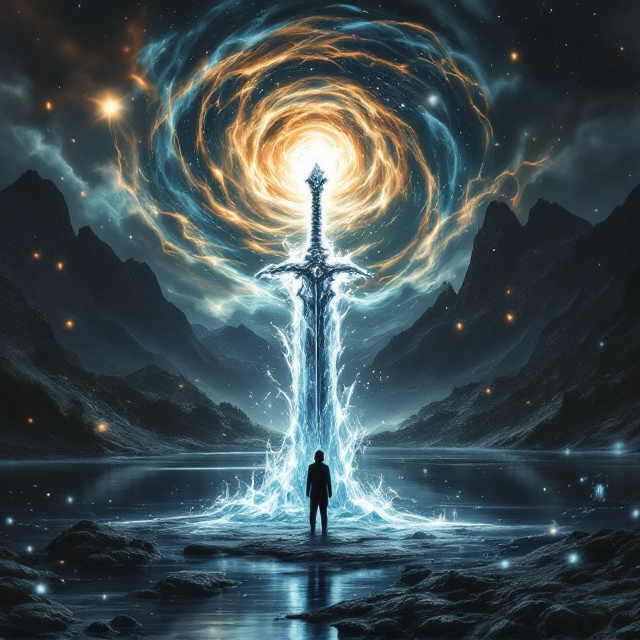 The cover features a mysterious and enchanting scene of a silhouette standing at the edge of a shimmering, magical lake. In the background, majestic mountains loom under a sky swirling with elements—dynamic waves of wind, fiery trails, water droplets, earthy textures, and ethereal, blurred ghosts. At the forefront, an icy magical sword is prominently displayed, reflecting hues of the scene. The color palette transitions smoothly from deep blues and blacks to radiant golds and silvers, creating a captivating aura of fantasy and mystery.