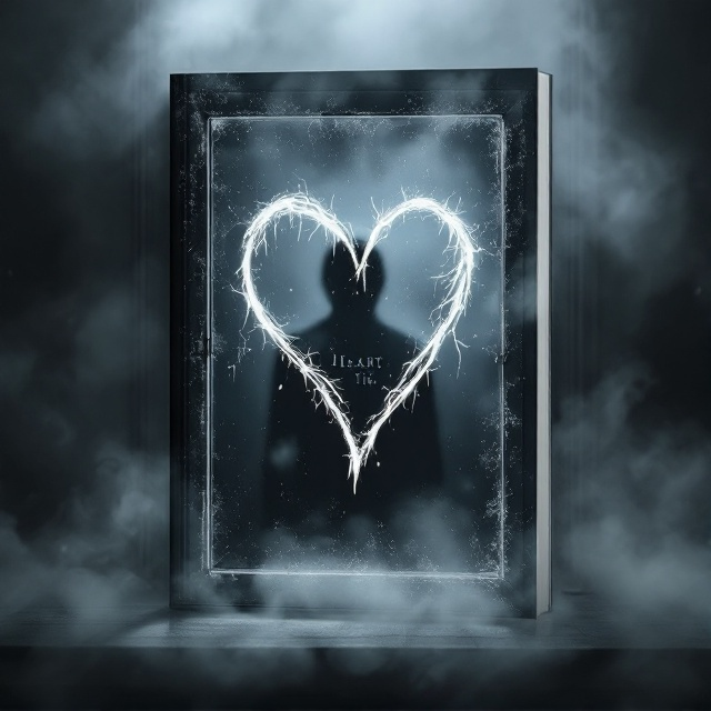 The book cover features a white-framed bedroom window at the center, with a heart drawn in condensation on the glass. The edges of the window are engulfed in creeping mist, creating an eerie, ghostly atmosphere. Behind the window, within the mist, a shadowy figure hints at mystery and tension, suggesting an intriguing narrative beyond the glass. The dark grey background complements the overall mysterious ambiance.
