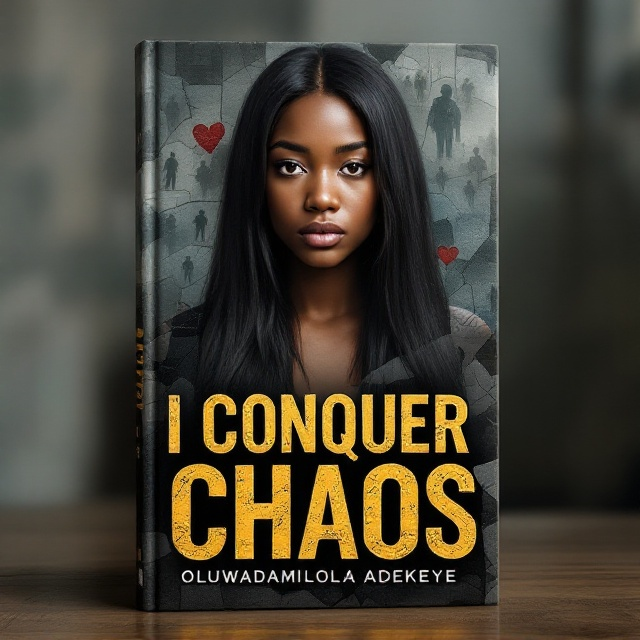 A powerful and emotional image of the protagonist stands at the forefront. A 17-year-old black female with jet-black straight hair looks directly at the viewer. The background consists of fragmented images symbolizing her past struggles, such as shadows of figures representing betrayal, a broken heart, and a faint image of a classroom. The cover gradually transitions from darker tones at the bottom to lighter tones at the top to symbolize her journey from chaos to self-discovery and peace.