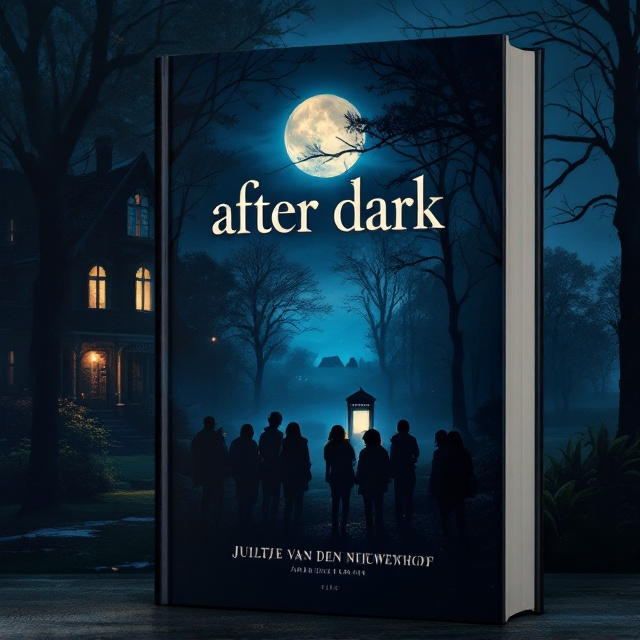 A shadowy depiction of a park at dusk with the silhouette of an old, inviting house under a glowing moon. In the foreground, a diverse group of friends, faces partially obscured, looking tensely towards a lone telephone booth illuminated by a mysterious light. A faint, impressionistic farm lies in the far distance, shrouded in mist. The scene is drenched in deep blues and purples, conveying a sense of mystery and intrigue.