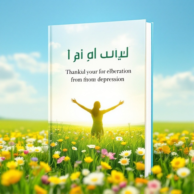 A serene landscape with a bright green field under a clear sky. The field is dotted with vibrant flowers symbolizing gratitude. In the background, a silhouette of a person with open arms indicates the sense of liberation from depression. The sky transitions into an uplifting, soft gradient, emphasizing hope and peace.