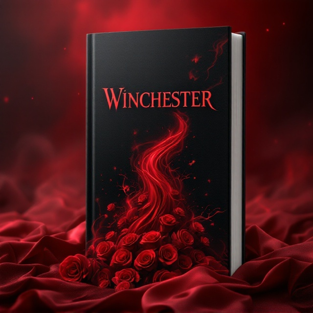 A black background set against a tempestuous red sky, with swirling, ghostly wisps at the top. At the center, red silk flows like a river, dividing the cover into two distinct realms. On the left side, shadowy supernatural creatures hover, bleeding into a cascade of vibrant red roses whose petals are tinged with blood. Red smoke and subtle devil-like figures are subtly intertwined within the silk.