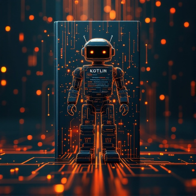 An android robot made of various codes and scripts, standing in the center against an abstract circuit board background. Subtle digital elements flow around, creating a sense of movement and construction, while maintaining a calming aura. Subdued shades of orange wash over the design, harmonizing with darker tones to offer balance and depth.