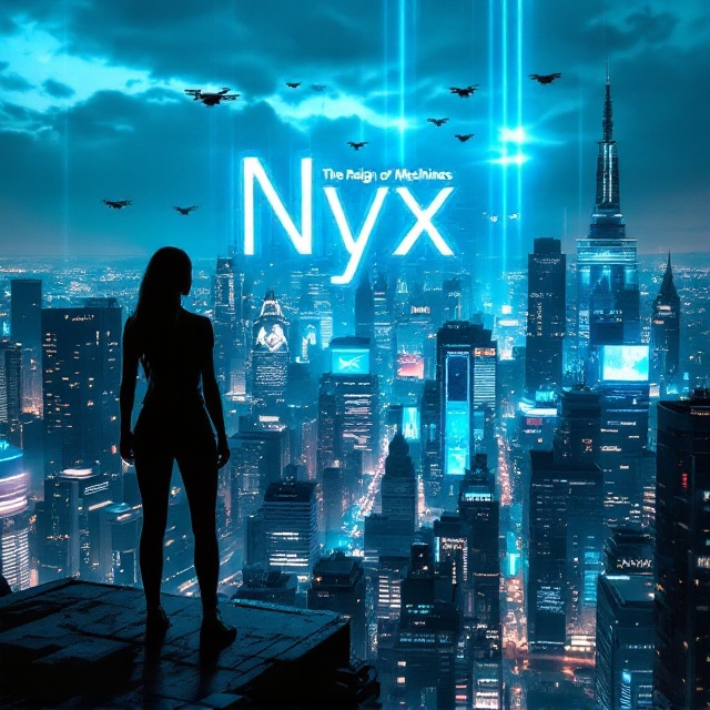 A dark silhouette of a determined female figure stands in the foreground on the edge of a skyscraper, gazing over a sprawling, futuristic cityscape. Towering skyscrapers abound, illuminated by an array of lights, some with holographic advertisements. Several drones buzz in the sky, creating an atmosphere of constant vigilance. The word 'Nyx' blazes in bright blue neon on a prominent screen attached to one of the buildings in the background. The sky is a gradient of deep blues, with streaks of silver and metallic hues weaving through, invoking a thrilling sense of urgency and technological dominance.